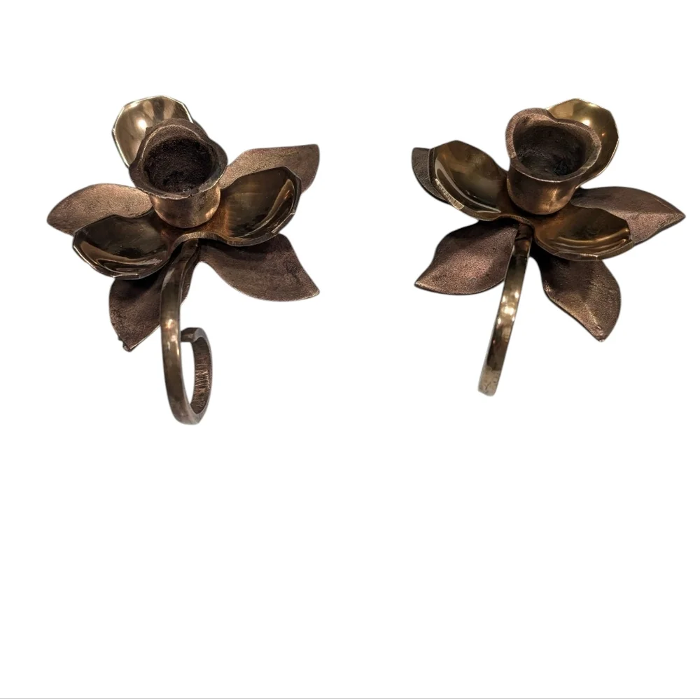 (2) Vintage Brass Lotus Rustic Chambersticks.